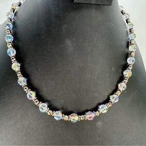 Vintage Aurora Borealis Glass Bead Necklace Sterling Silver Clasp, Spacer Beads